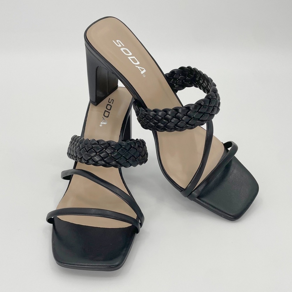 Soda Block Heel Sandals Womens 8 Black Faux Leather Braided Square Toe Mules